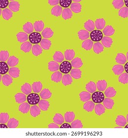 Padrão floral contínuo, arte decorativa estilo folk impressão ditsy em cores de outono. Design botânico bonito de pequenas flores margaridas desenhadas à mão, folhas minúsculas, buquês simples no amarelo. Ilustração vetorial.
