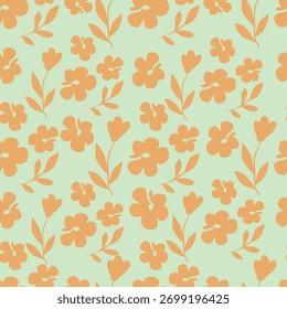 Seamless floral pattern, decorative art folk style ditsy print in autumn colors. Cute botanical design of small hand drawn daisy flowers, tiny leaves, simple bouquets on yellow. Vector illustration.
