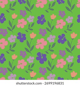 Seamless floral pattern, decorative art folk style ditsy print in autumn colors. Cute botanical design of small hand drawn daisy flowers, tiny leaves, simple bouquets on yellow. Vector illustration.
