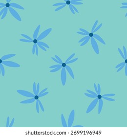 Nahtloses Blumenmuster, dekorative Kunst, volkstümlicher Print in Herbstfarben. Nettes botanisches Design von kleinen handgezeichneten Gänseblümchen, winzigen Blättern, einfachen Sträußen auf Gelb. Vektorgrafik.
