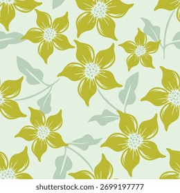 Patrón floral sin fisuras, impresión elegante del estilo popular del arte decorativo en colores del otoño. Lindo diseño botánico de Pequeñas flores de margarita dibujadas a mano, hojas diminutas, ramos simples en amarillo. Ilustración vectorial.

