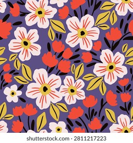 Seamless floral pattern, decorative art ditsy print in folk motif. Simple cute botanical design of hand drawn large flowers, small plants, tiny leaves abstract on purple background Vector illustration