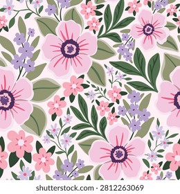 Seamless floral pattern, decorative art ditsy print of hand drawn plants in folk motif. Cute botanical design of large pink flowers, small green leaves, delicate meadow abstract. Vector illustration.