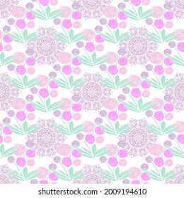 Seamless floral pattern. Decorative background with pink flowers and lace elements. Vector illustration.