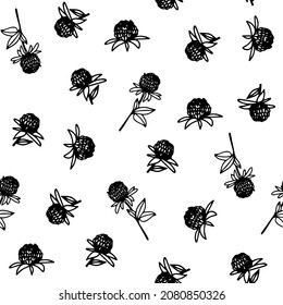 Seamless floral pattern with decorative black flowers, twigs, grass and leaves. White isolated background. Botanical print. Great for fabric, textile, cards.