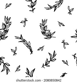 Seamless floral pattern with decorative black flowers, twigs, grass and leaves. White isolated background. Botanical print. Great for fabric, textile, cards.