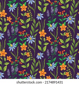 Patrón floral sin foco con prado floreciente decorativo, varias flores silvestres, hierbas en un campo oscuro. Impresión de color marrón ordenado, hermoso fondo botánico con plantas de dibujo. Ilustración vectorial.