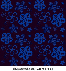 Patrón floral sin foco con flores azules decorativas sobre un fondo oscuro, ilustración vectorial plana.
