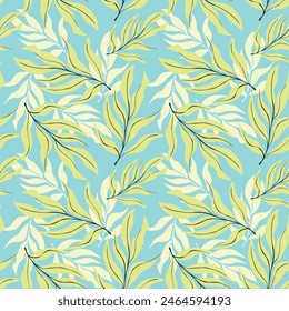 Seamless floral pattern with decorative blue botany on a white background. Beautiful botanical print with hand drawn plants: small flowers, large leaves on the branches.