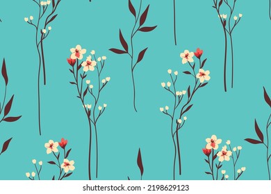Seamless floral pattern with decorative botanical compositions on a blue background. Elegant ditsy print with hand drawn wild plants: small flowers on branches, leaves. Vector illustration.