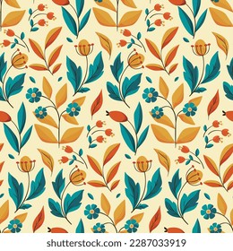 Seamless floral pattern, decorative botanical design for print on fabric, paper. Ornament of autumn plants with a folk motif: wild flowers, branches, leaves, herbs and berries. Vector illustration.