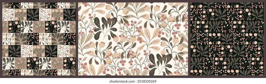 Patrón floral sin fisuras, diseño botánico decorativo, adorno abstracto de plantas silvestres. Estampado de naturaleza otoñal: Pequeñas ramas dibujadas a mano, flores, hojas en colores beige neutro, marrón. Vector gráfico.