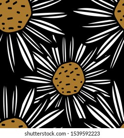 seamless floral pattern with decorative chamomiles on black background, fabric or wrapping paper design. can be also used for a background, for cards or decoration.