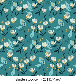 Seamless floral pattern, decorative ditsy print with small plants in an abstract arrangement on a blue background. Cute botanical design with hand drawn flowers, branches, leaves. Vector illustration.