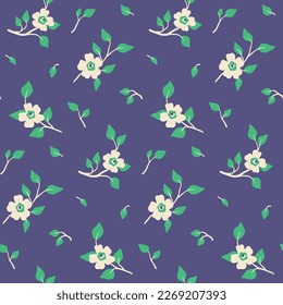 Seamless floral pattern, decorative ditsy print with a retro vibe. Cute botanical design with hand drawn plants: small white flowers, branches, leaves on a blue background. Vector illustration.