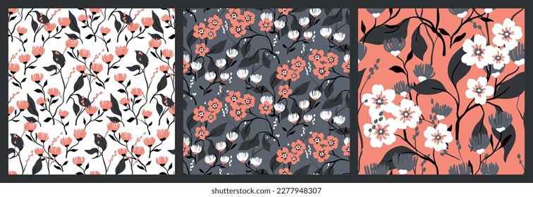 Seamless floral pattern, decorative ditsy print with Asian motif in collection. Botanical design set with hand drawn plants: small flowers, branches, leaves on different surface. Vector illustration.