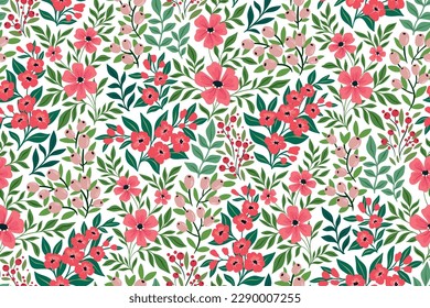 Nahtlose Blumenmuster, dekorativer Farbdruck mit Folkloremotiv. Schönes botanisches Design für Stoff, Papier: kleine handgezeichnete Blumen, Blätter, Beeren auf weißem Hintergrund. Vektorgrafik.