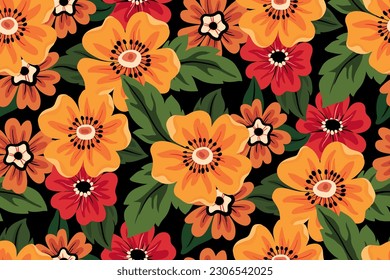 Seamless floral pattern, decorative ditsy print with autumn botany in folk style. Vintage botanical design with hand drawn plants: yellow, red flowers, leaves on a dark background. Vector illustration