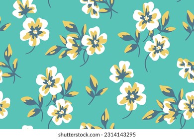 Patrón floral sin inconfundibles, impresión decorativa con motivos vintage. Diseño botánico artístico para tela, papel: flores dibujadas a mano, hojas sobre un fondo azul. Ilustración vectorial.