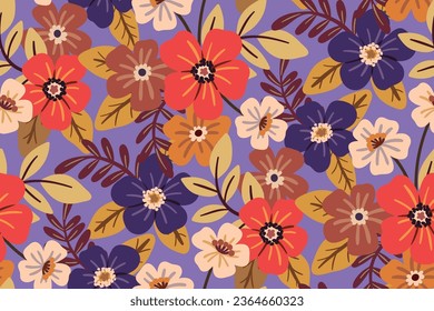 Patrón floral sin foco, impresión decorativa de color marrón de plantas dibujadas a mano con motivos hawaianos. Diseño botánico lindo: grandes flores tropicales, hojas sobre un fondo azul. Ilustración vectorial.
