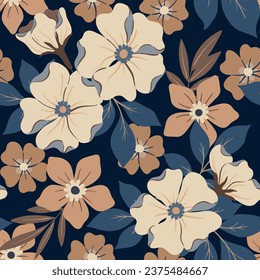 Nahtlose Blumenmuster, dekorativer Farbdruck in eleganten Herbst- und Winterfarben. Vintage botanisches Design: handgezeichnete Blumen, Blätter, blaue und braune Bouquets auf dunklem Hintergrund. Vektorgrafik.