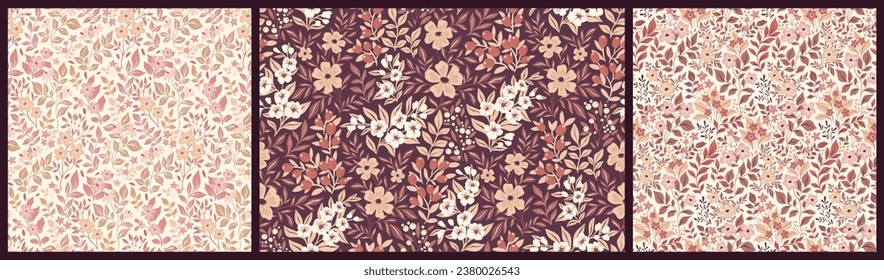 Seamless floral pattern, decorative ditsy print with vintage botany in autumn colors. Design collection with hand drawn wild plants, small flowers, grass, leaves. Vector illustration.