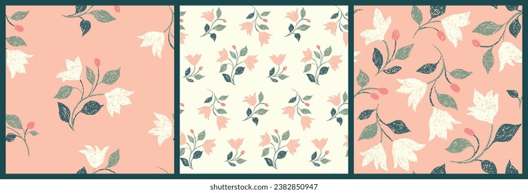 Seamless floral pattern, decorative ditsy print with textured branches in the collection. Cute botanical design, simple ornament with hand drawn flowers branches, leaves in spring colors. Vector.