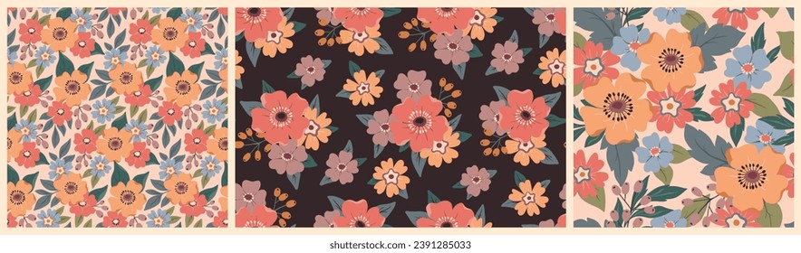 Seamless floral pattern, decorative ditsy print collection with cute summer botany. Pretty botanical design in a folk motif: small and large hand drawn flowers, leaves in bouquets. Vector illustration