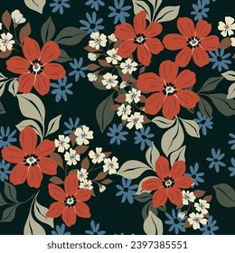 Nahtlose Blumenmuster, dekorativer Farbdruck in Vintage Motiv. Schönes botanisches Design in Winterfarben: kleine, große, handgezeichnete Blumen, Blätter, Bouquets, dunkler Hintergrund. Vektorblumenmuster