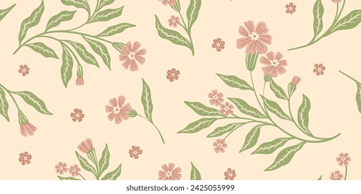 Seamless floral pattern, decorative ditsy print, ornament in a retro folk motif. Botanical design: hand drawn small flowers, large branches, leaves abstract on a light background. Vector illustration.