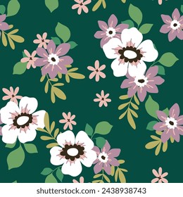 Patrón floral sin costuras, impresión decorativa ditsy en un lindo motivo retro. Diseño botánico de la libertad, adorno de la naturaleza: flores de margarita dibujadas a mano, hojas en verde. Papel pintado vectorial, ilustración textil.