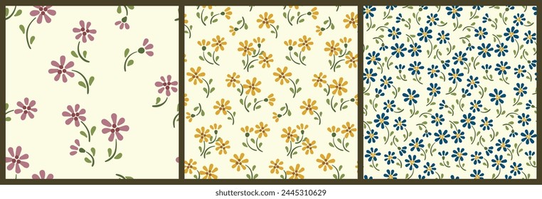 Seamless floral pattern, decorative ditsy print, simple abstract ornament in vintage motif. Cute botanical design collection: tiny hand drawn daisy flowers, small leaves on light. Vector illustration.