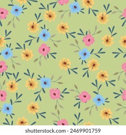 Nahtloses Blumenmuster, dekorativer ditsy Print, volkstümliches Ornament mit wilden Pflanzen. Schönes botanisches Design: kleine handgezeichnete gelbe Blüten, Blätter, Äste auf weißem Hintergrund. Vektorillustration.