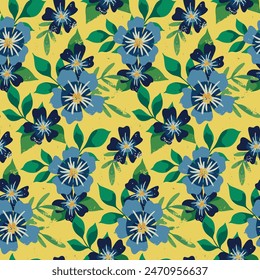 Seamless floral pattern, decorative ditsy print, abstract flower ornament in retro texture motif. Botanical design of large blue hand drawn flowers, leaves on yellow background. Vector illustration.