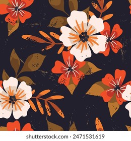 Seamless floral pattern, decorative ditsy print, abstract flower ornament in autumn motif. Botanical design: large hand drawn flowers, leaves, simple bouquets, texture on dark. Vector illustration.
