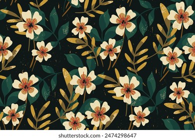 Seamless floral pattern, decorative ditsy print, abstract ornament with textured botany. Ornate botanical design: hand drawn small flowers, large leaves, foliage on dark. Vector illustration.