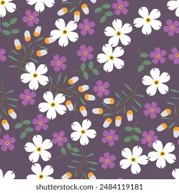 Patrón floral sin costuras, impresión decorativa ditsy, adorno popular con plantas silvestres. Hermoso diseño botánico: Pequeñas flores amarillas dibujadas a mano, hojas, ramas sobre fondo blanco. Ilustración vectorial.