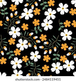 Seamless floral pattern, decorative ditsy print, folk ornament with wild plants. Beautiful botanical design: small hand drawn yellow flowers, leaves, branches on white background. Vector illustration.