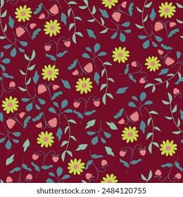 Patrón floral sin costuras, impresión decorativa ditsy, adorno popular con plantas silvestres. Hermoso diseño botánico: Pequeñas flores amarillas dibujadas a mano, hojas, ramas sobre fondo blanco. Ilustración vectorial.