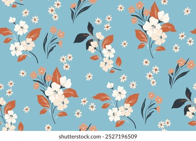 Seamless floral pattern, decorative ditsy print, abstract ornament in winter motif. Artistic botanical design: hand drawn small flowers branches, leaves falling on blue background. Vector illustration