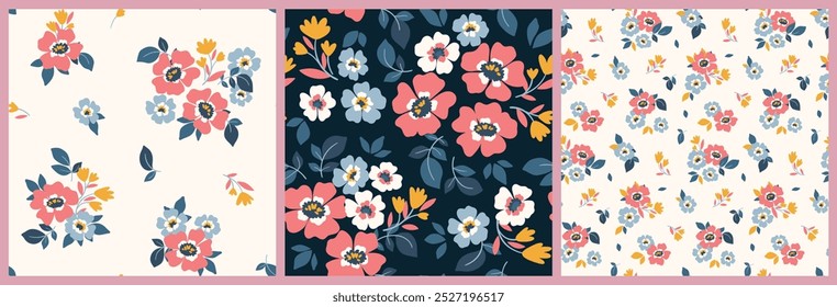 Padrão floral sem costura, impressão ditsy decorativa, ornamento de flor abstrata no motivo folclórico da liberdade. Design botânico bonito de pequenas flores desenhadas à mão, folhas minúsculas, buquês simples. Ilustração vetorial.