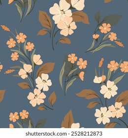 Seamless floral pattern, decorative ditsy print, abstract ornament of wild plants in fall winter colors. Botanical design: hand drawn small flowers, large leaves, branches on blue. Vector illustration