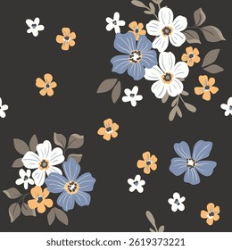 Seamless floral pattern, decorative ditsy print in folk motif. Pretty botanical design of small hand drawn flowers, tiny leaves, simple bouquets with daisies on a brown background. Vector illustration