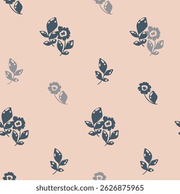 Seamless floral pattern, decorative ditsy print with simple plant silhouettes. Cute botanical design in folk motif, ornament of small hand drawn flowers, leaves. Vector illustration in two colors.