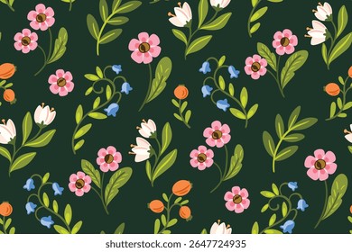 Seamless floral pattern, decorative ditsy print in cute folk art style. Pretty botanical design of small hand drawn wild plants, flowers, leaves abstractly on green field. Vector illustration.
