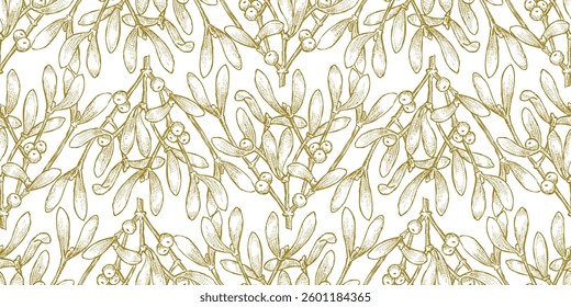 Seamless floral pattern of decorative drawn golden branches with berries and leaves, vector background, fabric, paper, wrapper, textile, wallpaper