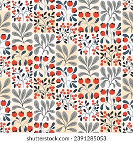 Seamless floral pattern, decorative flower print in a winter folk motif. Cute botanical design, natural ornament, tile of wild plants: small red hand drawn flowers, berries, leaves Vector illustration