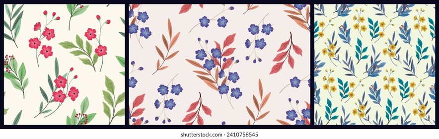 Seamless floral pattern, decorative flower ornament in collection. Botanical design in a vintage folk motif: hand drawn small flowers, branches, large leaves abstract on white. Vector print.
