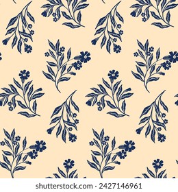 Seamless floral pattern, decorative flower print, ornament in retro folk motif. Hand drawn botanical design in two colors: blue silhouettes of flowers, branches, leaves abstract. Vector illustration.