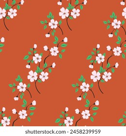 Seamless floral pattern, decorative flower ornament, ditsy print in vintage nature folk motif. Botanical surface design: small hand drawn flowers, branches, tiny leaves in stripe. Vector illustration.